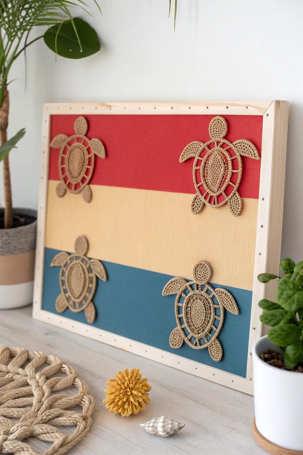 Follow the playful journey of handcrafted turtle tracks on this minimalist bulletin board, where simplicity meets natural beauty.