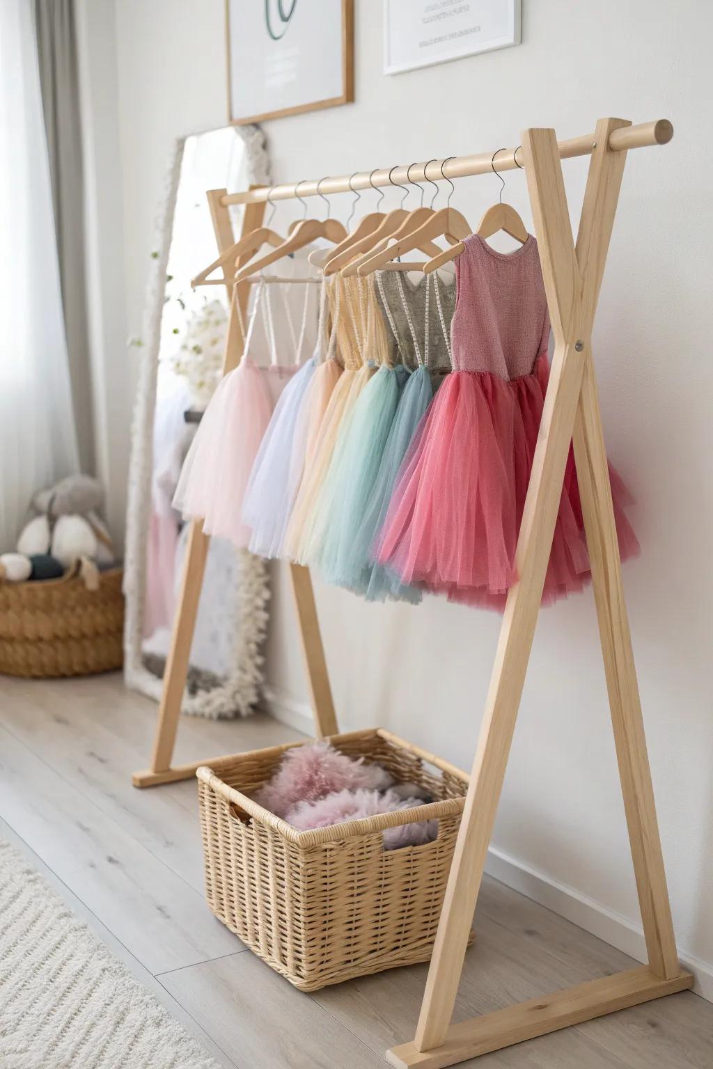 Elevate your space with a color-coded tutu display that blends Scandinavian minimalism with boho flair.