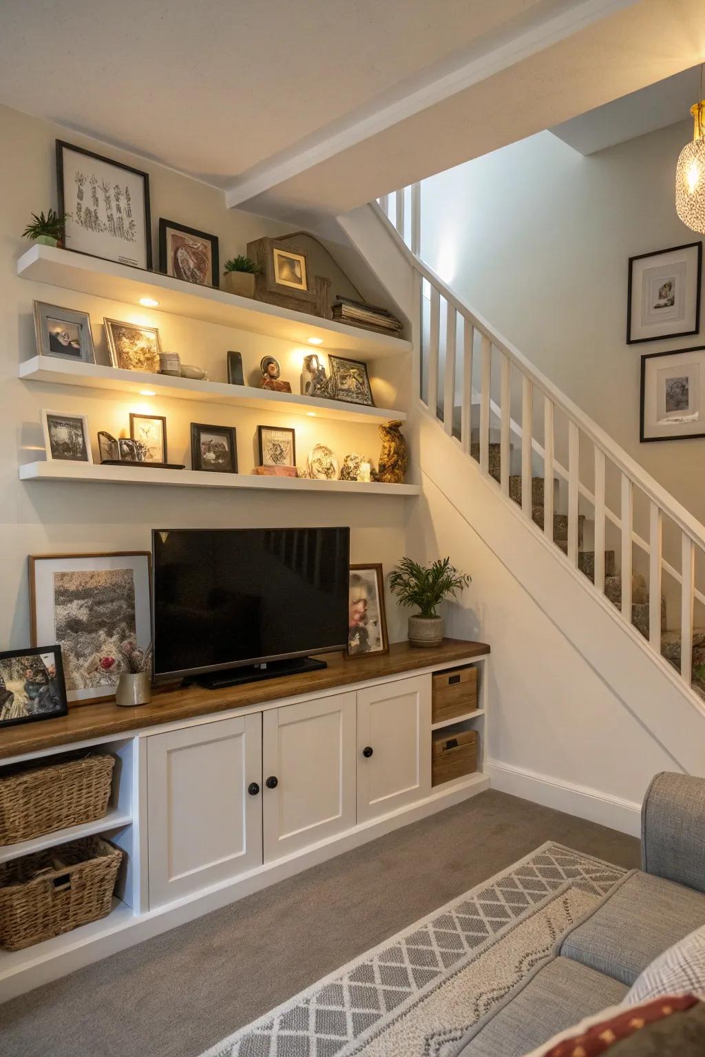 Floating shelves and a TV unit under the stairs showcasing personal treasures.