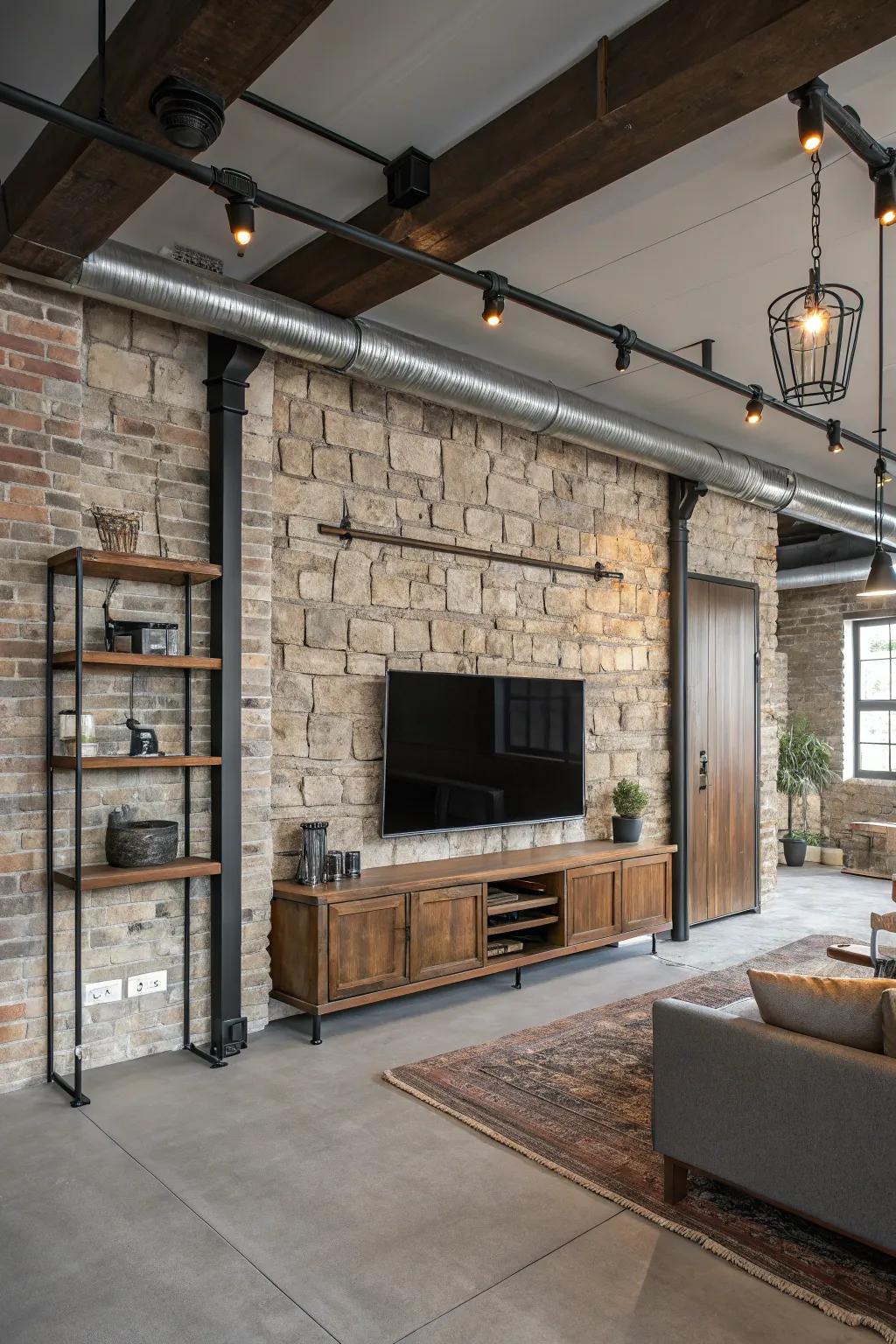 Stone or brick accents add charm and texture to your TV wall.