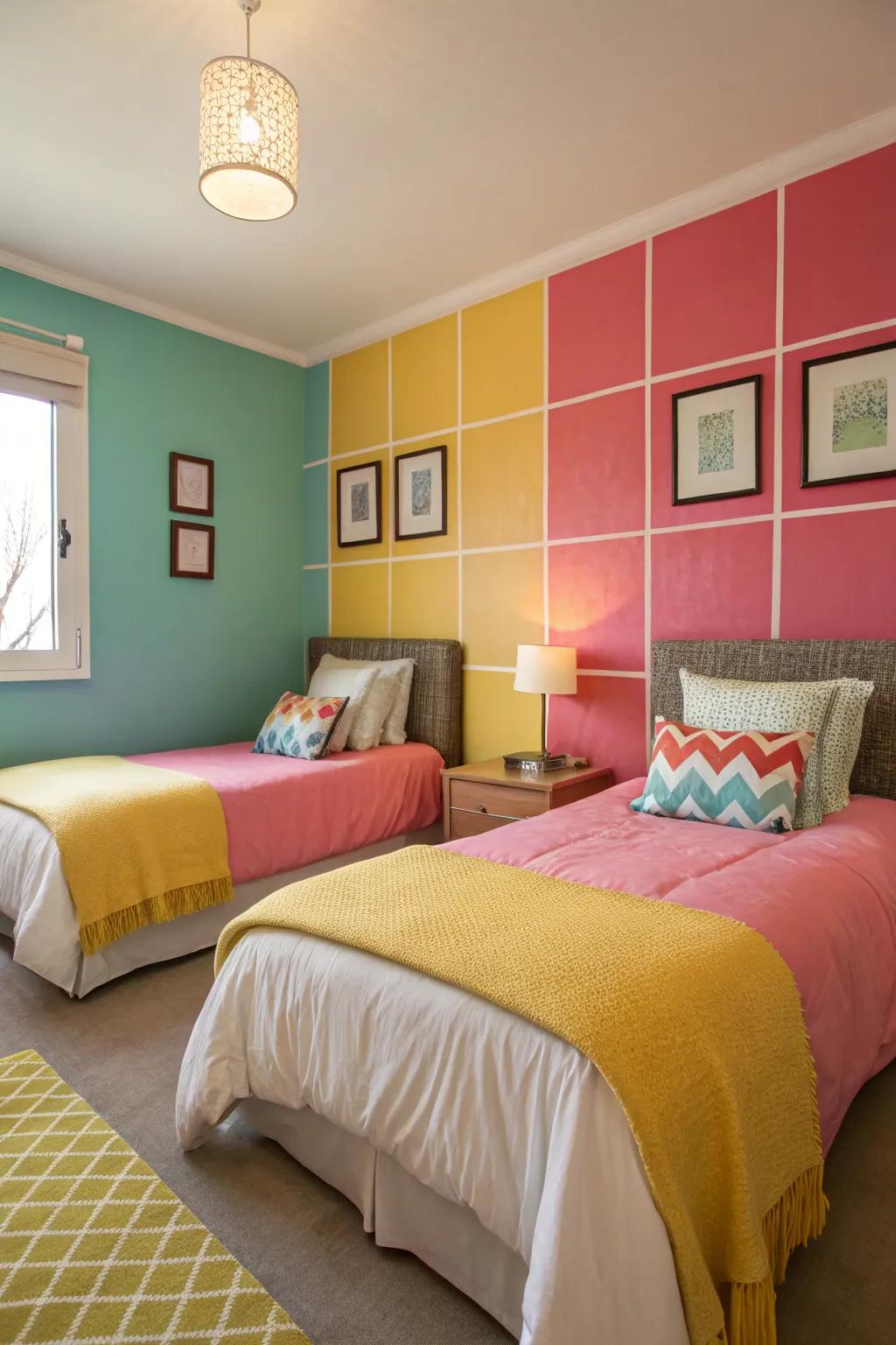 Modern color blocking adds flair to the twin bedroom.