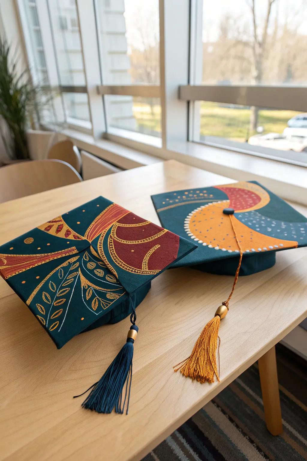 Celebrate unity in style with these beautifully crafted twin graduation caps, designed to complete each other's story.