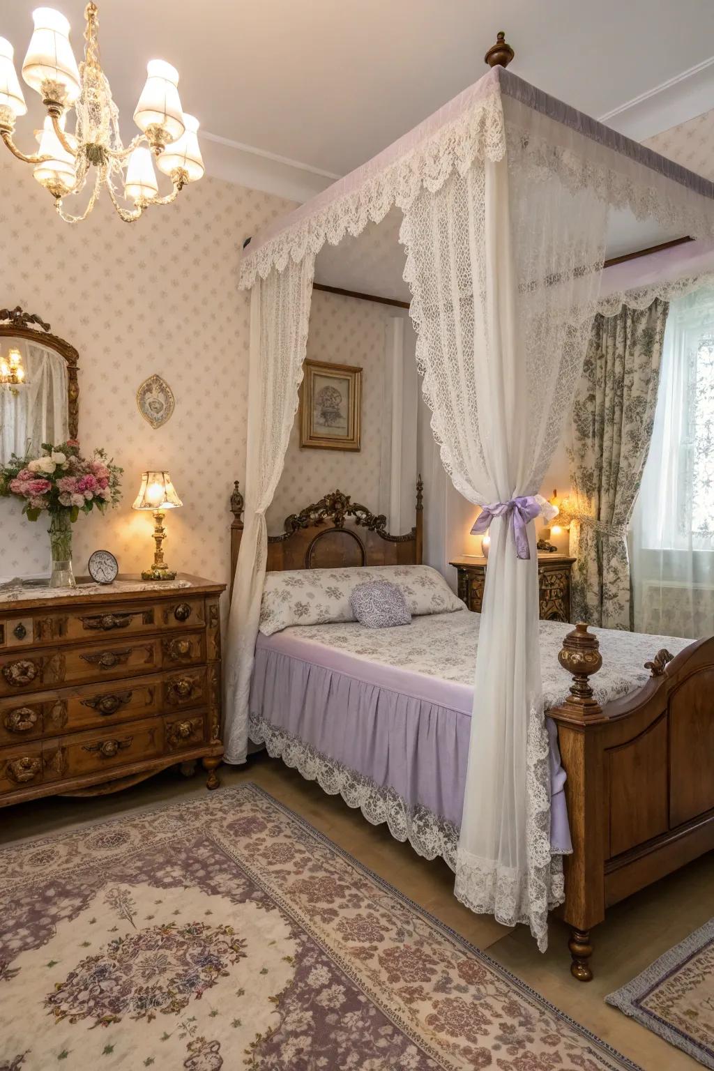 A charming two-tone bedroom in lavender and antique white with vintage appeal.