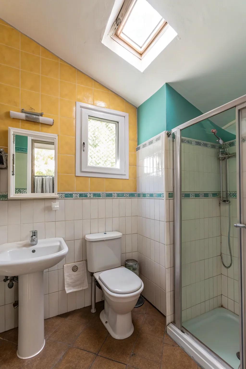 A small bathroom with a seamless two-tone wall and ceiling design.