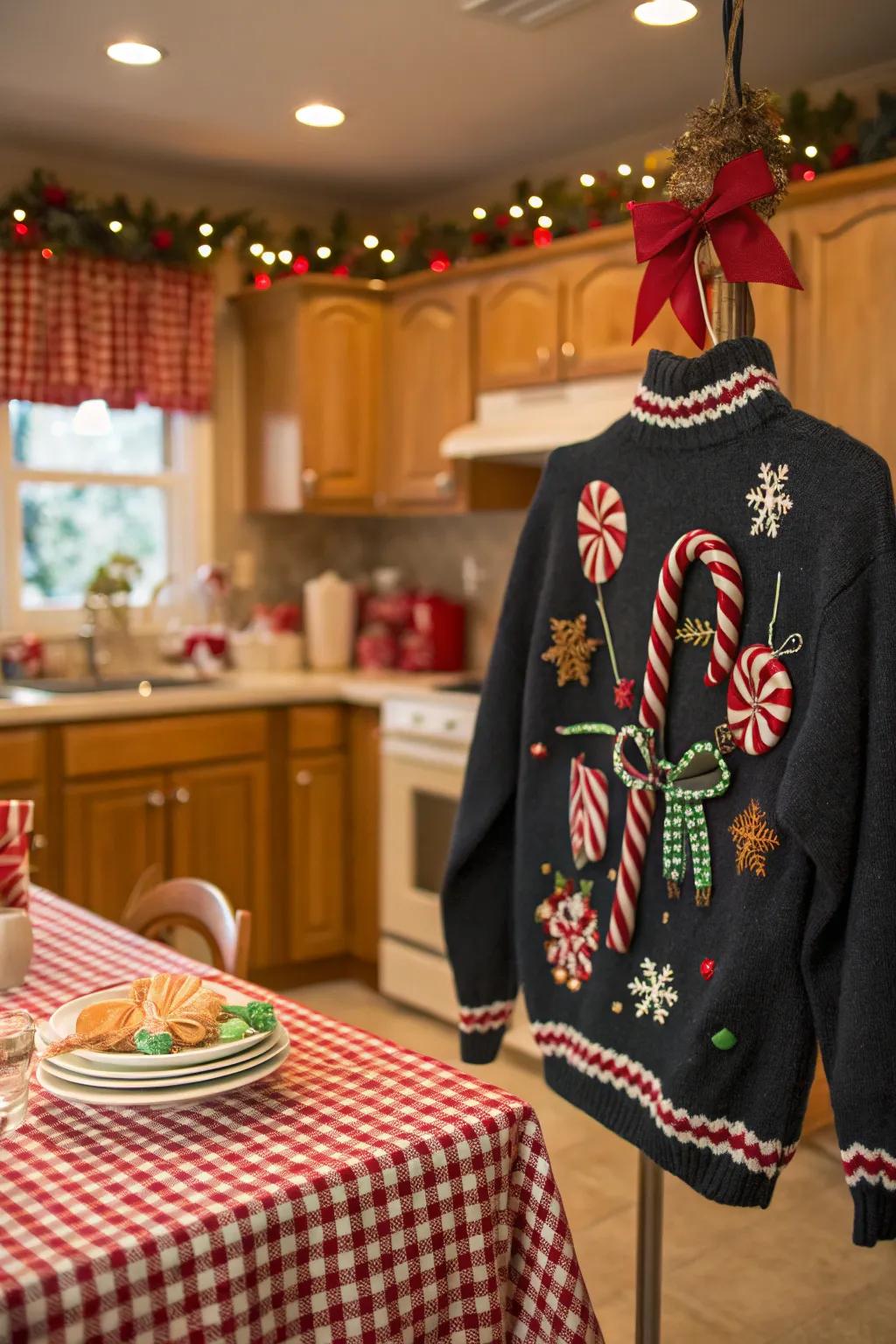 A sweet and simple candy cane sweater for holiday cheer.