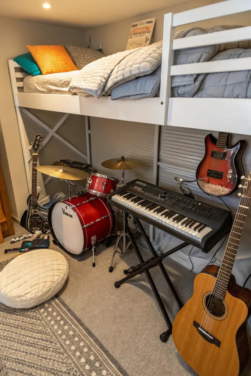 A creative music corner nestled under a loft bed.