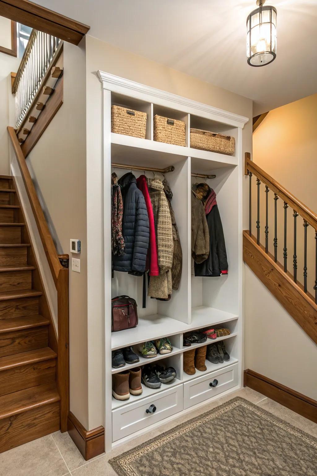 A tidy coat closet that keeps outerwear organized and out of sight.