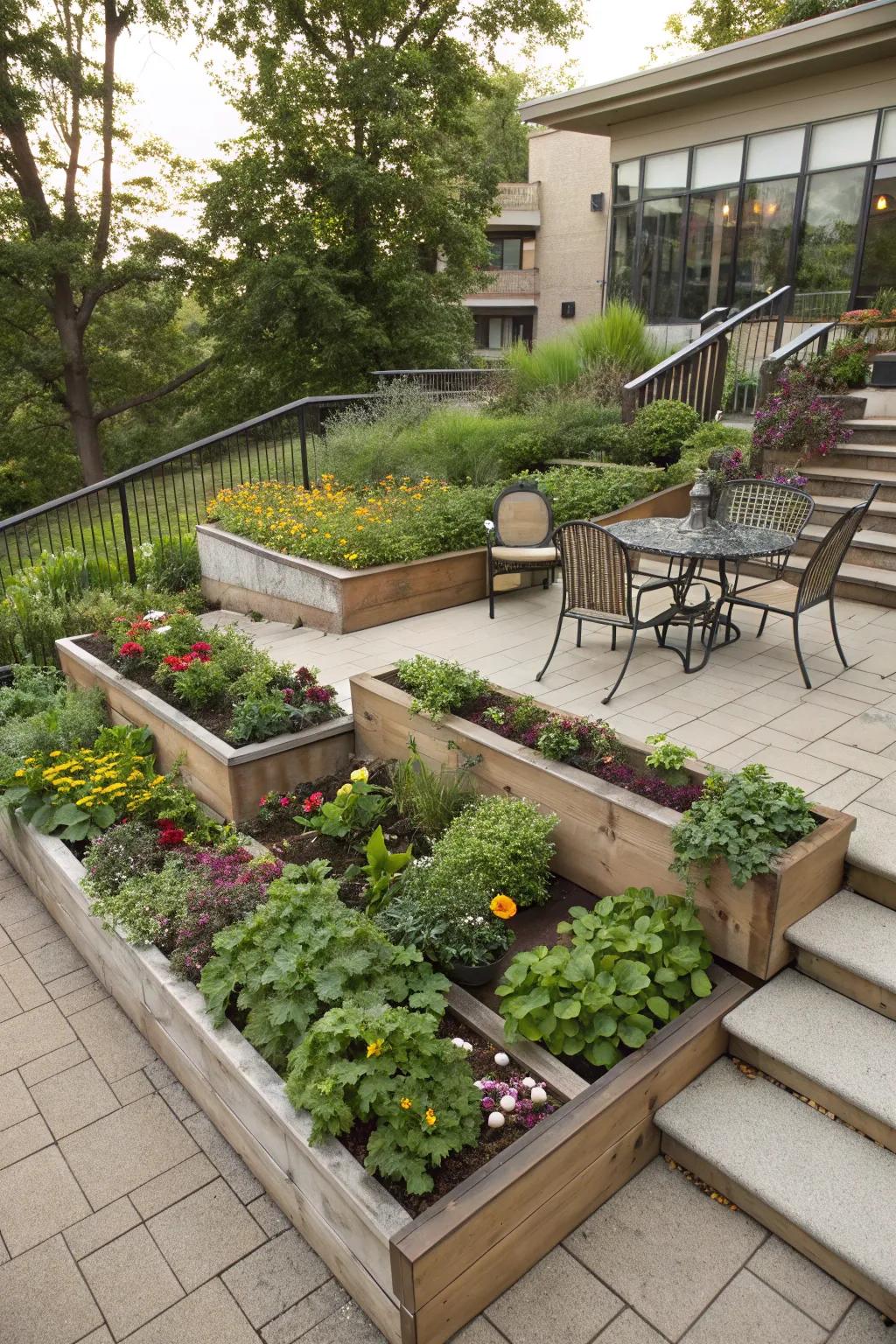 Multi-level garden beds bring depth and diverse plant life to uneven patios.