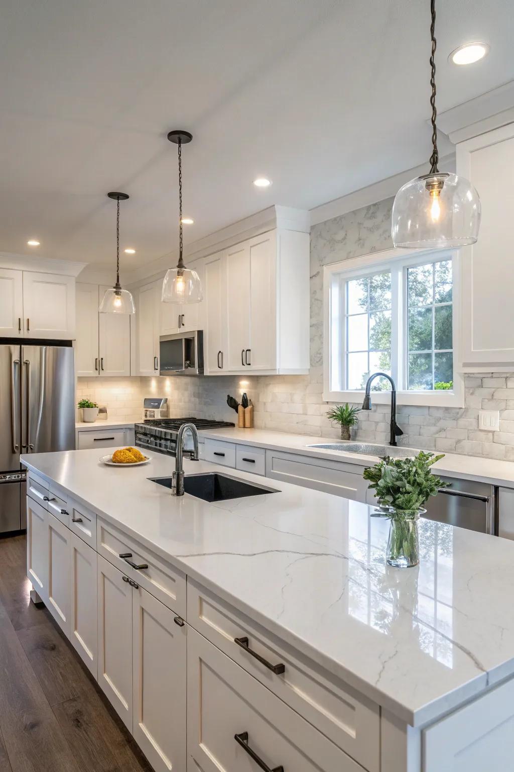 Quartz countertops combine elegance with practicality, perfect for modern kitchens.