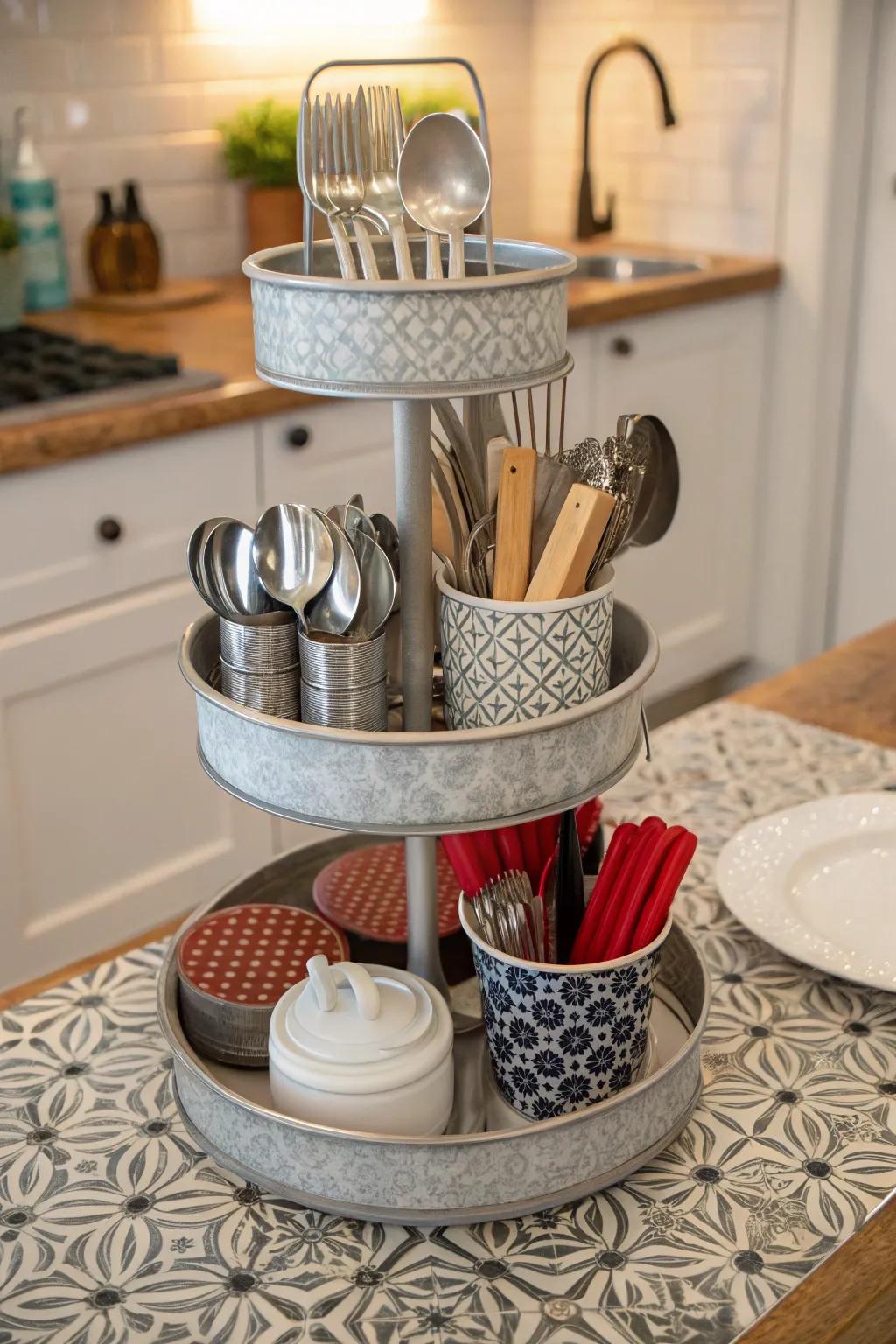 Tiered trays maximize space and keep utensils organized.