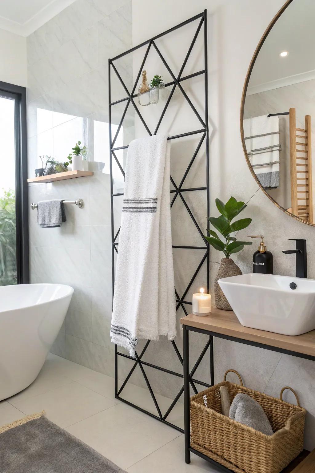 Make a statement with a geometric wall towel rack.