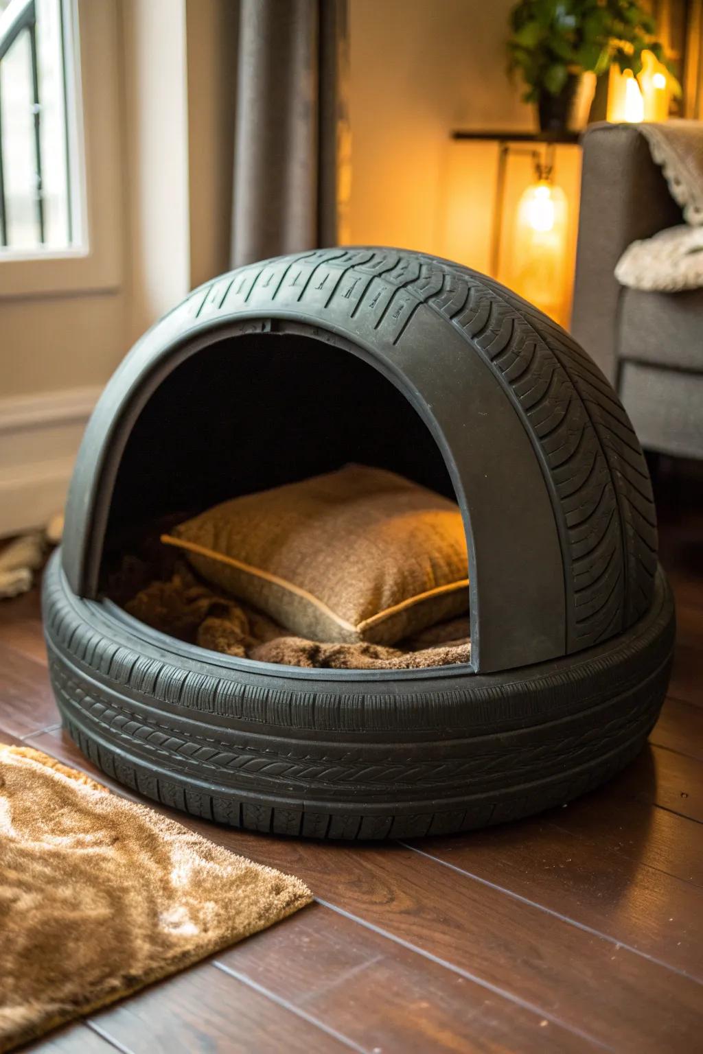 Transform an old tire into a chic, cozy pet haven—perfect for your furry friend and your style-savvy space!