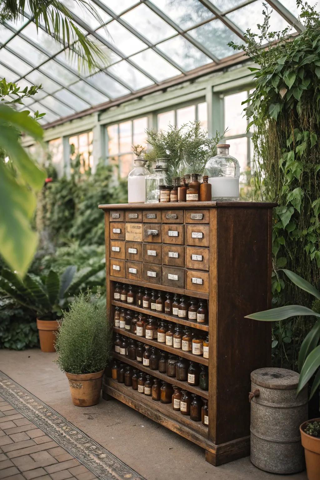 A faux apothecary cabinet adds charm and character.