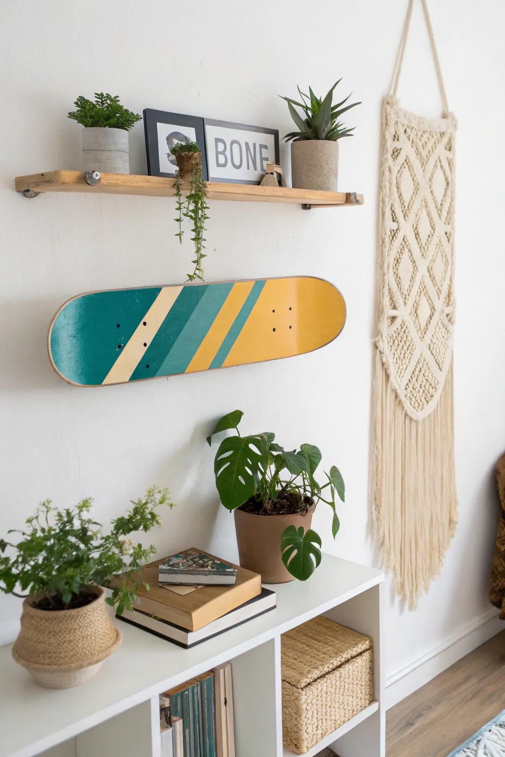 Transform your space with a playful and chic skateboard shelf for a touch of bold simplicity.