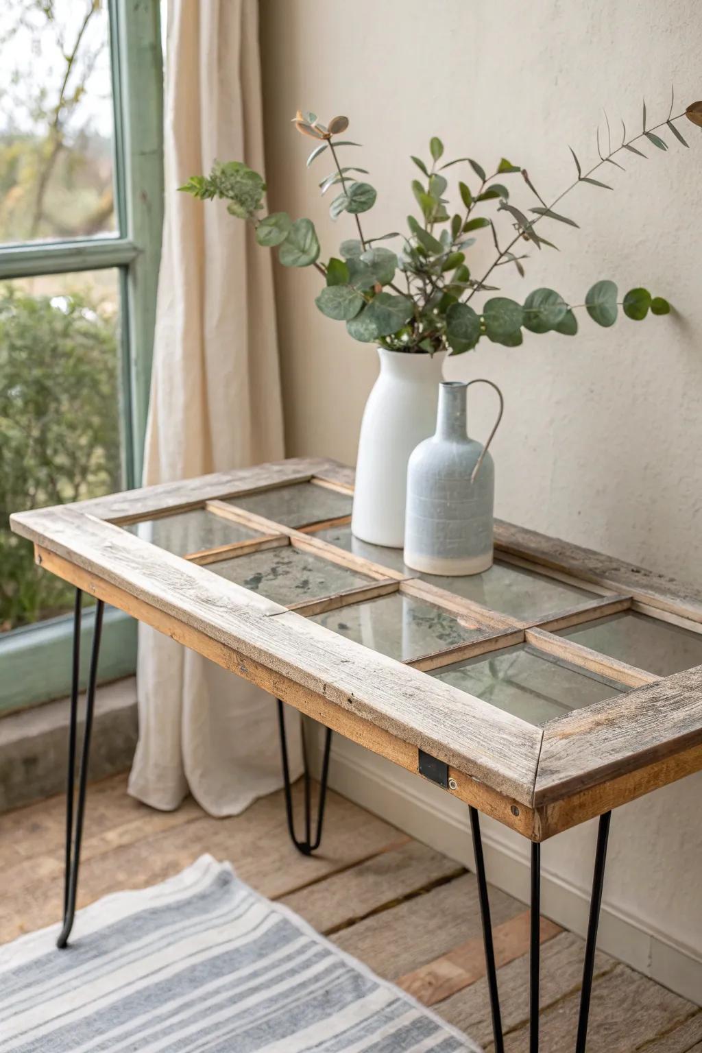 Transform old windows into stunning tables with a touch of Scandinavian and Boho flair. #Upcycling #FurnitureMakeover