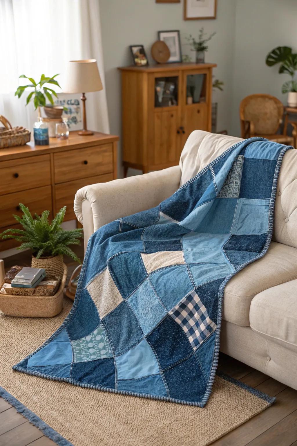 Stay warm with a homemade denim quilt that tells a story.