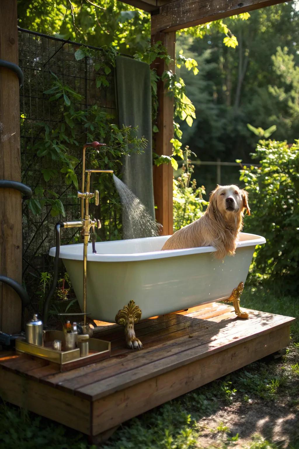 Transform an old bathtub into a charming outdoor pet wash station for your furry friend's ultimate bath time adventure!