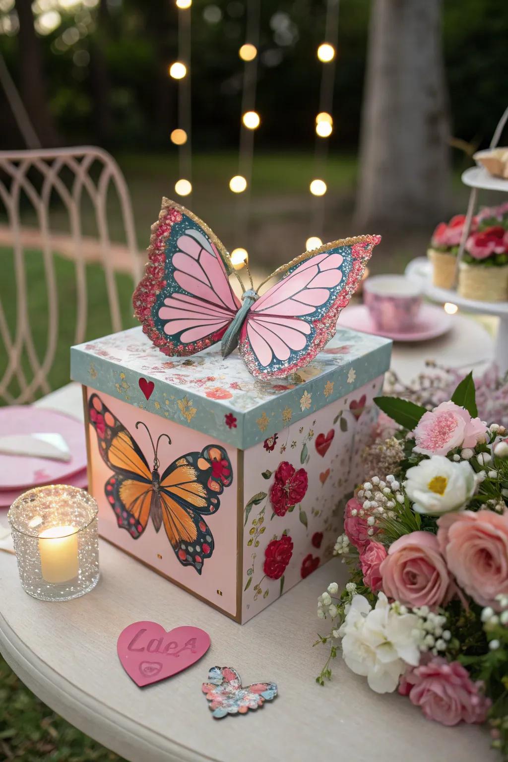 A beautiful butterfly Valentine box ready to spread joy.