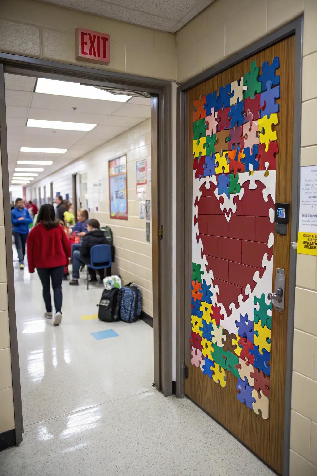 A puzzle-themed door that symbolizes unity and love in learning.