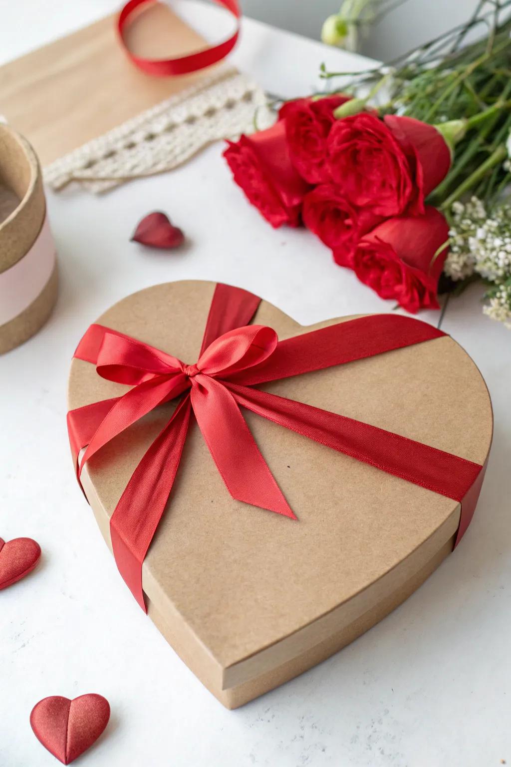 Kraft heart box with a ribbon topper for a sweet surprise.