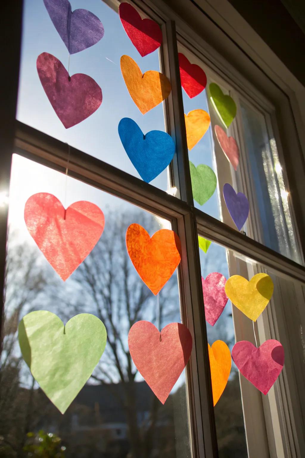 Colorful tissue paper hearts catching the light.