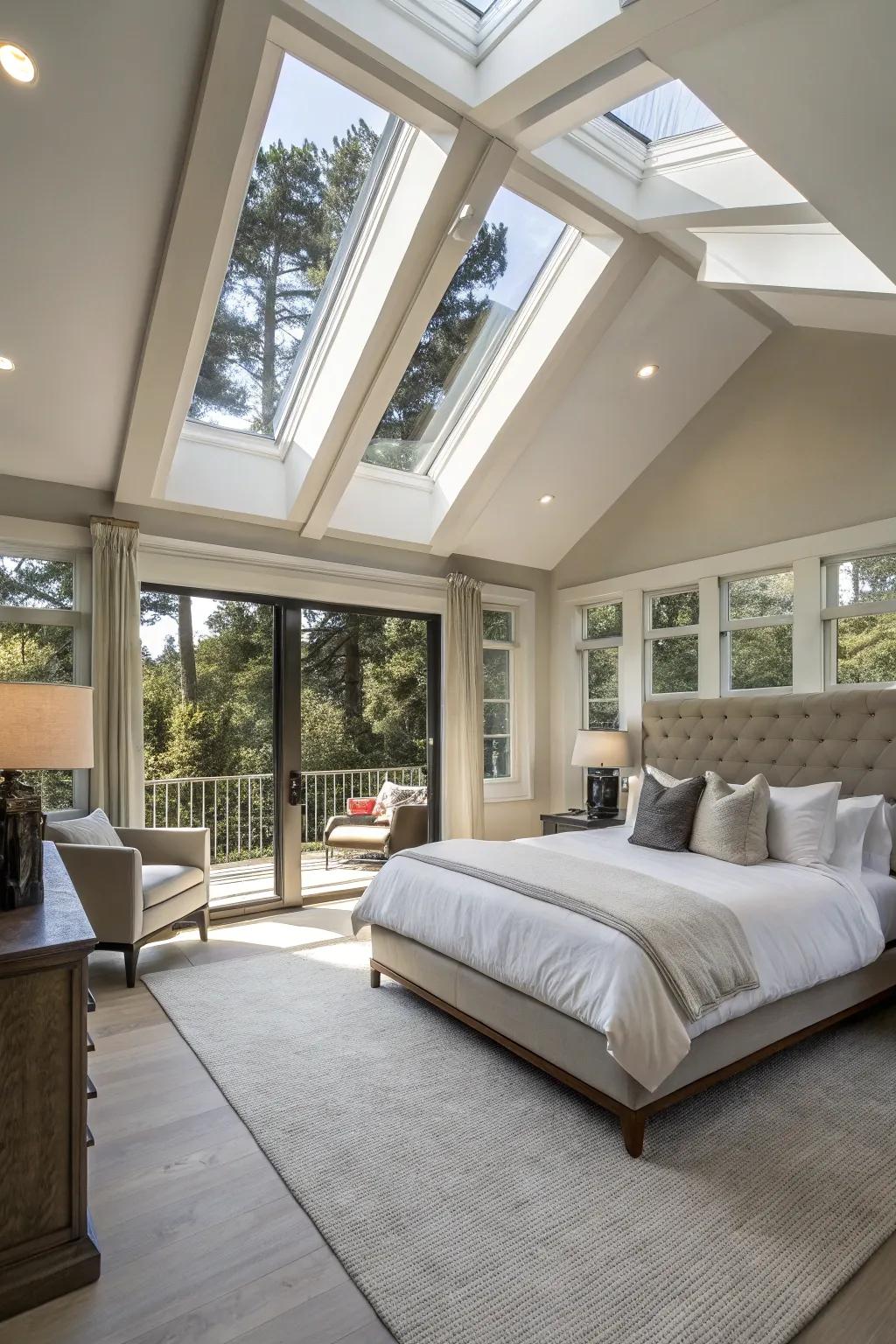 Skylights bring natural light into a master bedroom with a vaulted ceiling.