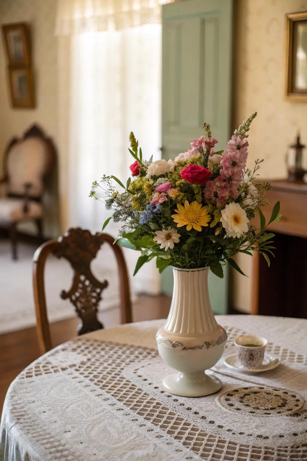 Seasonal blooms in a vintage vase bring a fresh touch to this dining room.