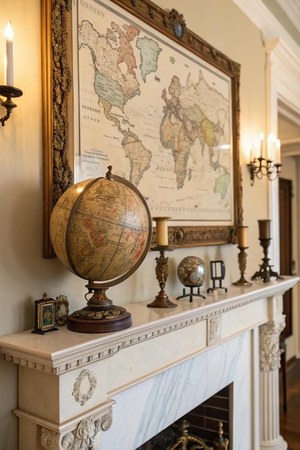 An antique globe and map add a touch of exploration to this vintage mantel.