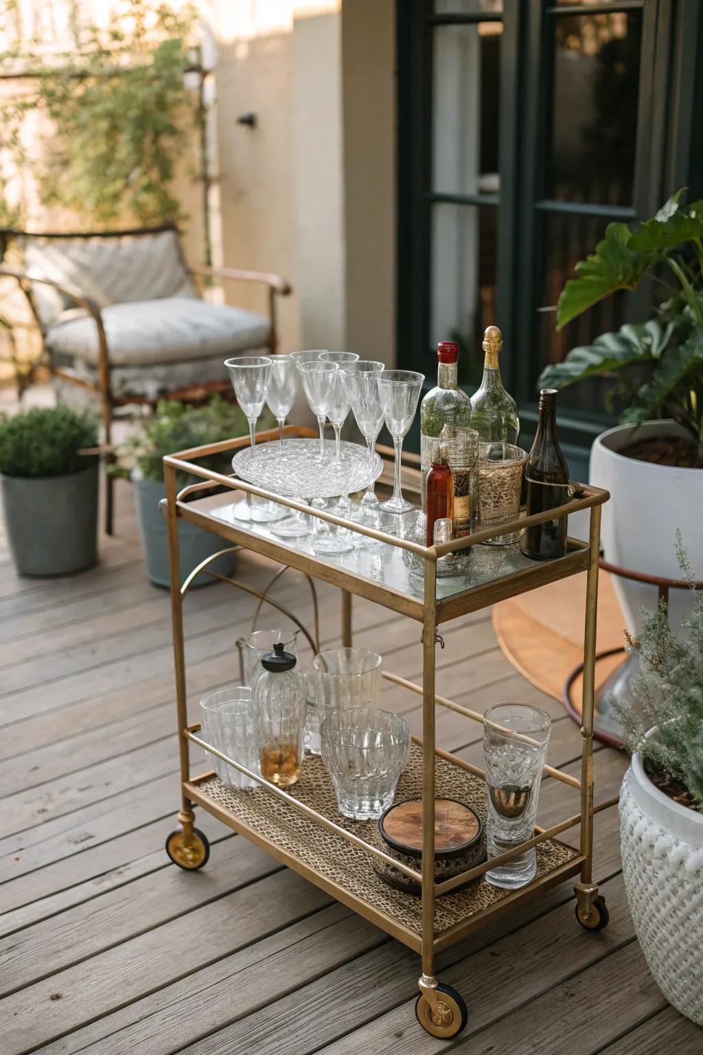 A vintage bar cart set up for stylish entertaining on the patio.