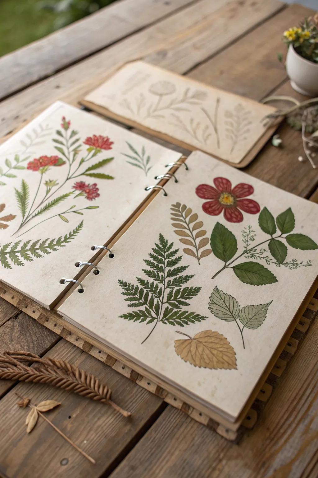 Embrace the outdoors with vintage botanical prints that bring nature into your scrapbook.