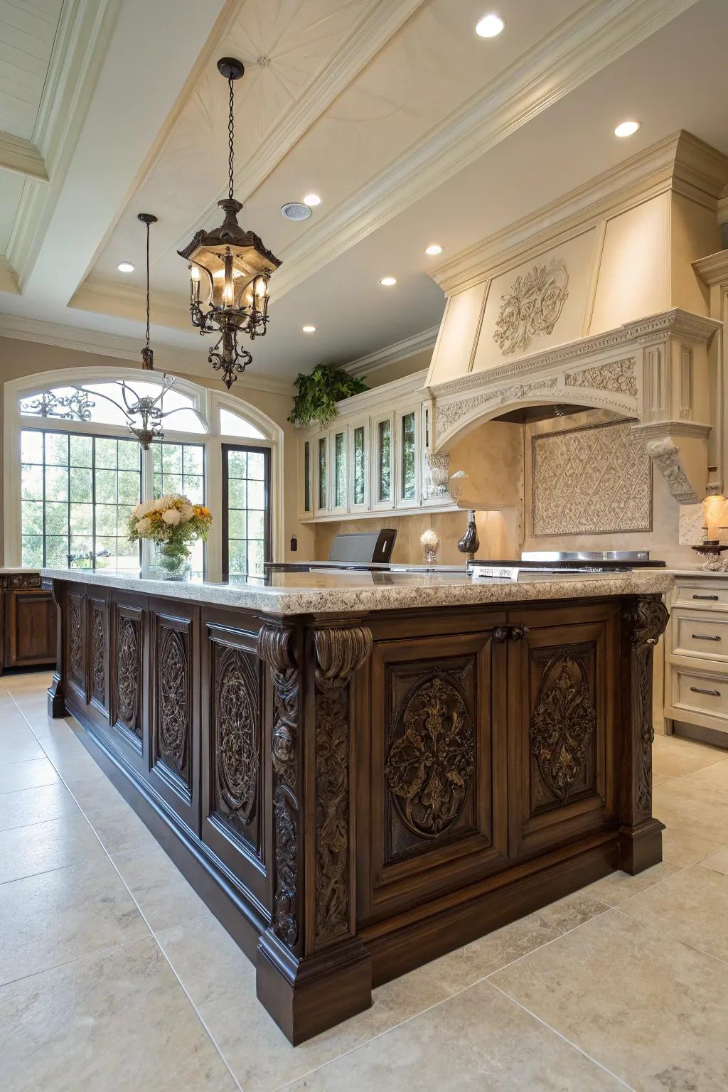 Ornate wainscoting adds traditional charm to this elegant kitchen island.