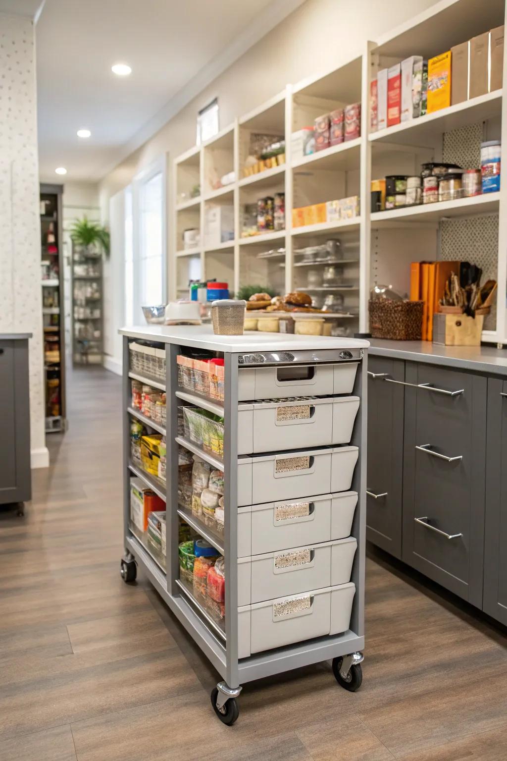 A mobile cart in a walk-in pantry for versatile storage solutions.