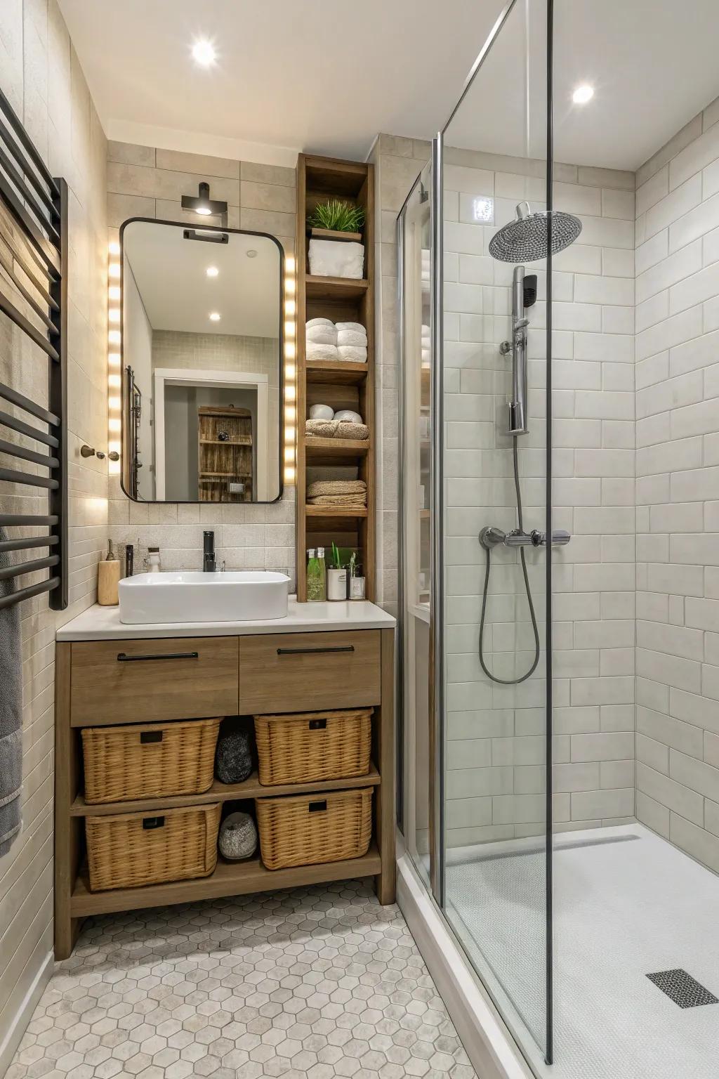 Vertical design elements save space and add elegance in small bathrooms.