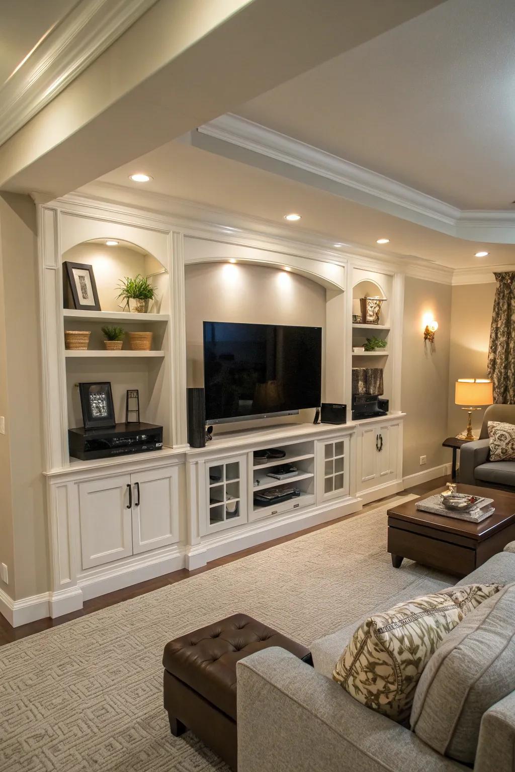 An organized entertainment center neatly tucked into a wall bump out.