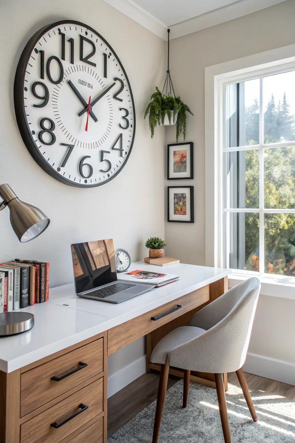 A mid-century modern clock serves as a functional art piece in this office.