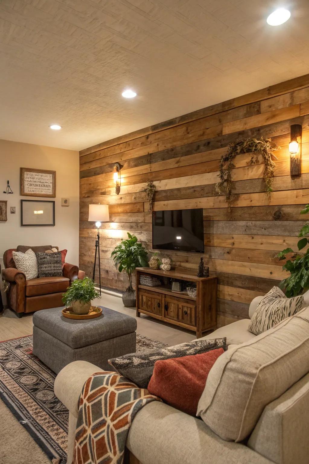 Living room featuring cozy rustic reclaimed wood wall paneling.