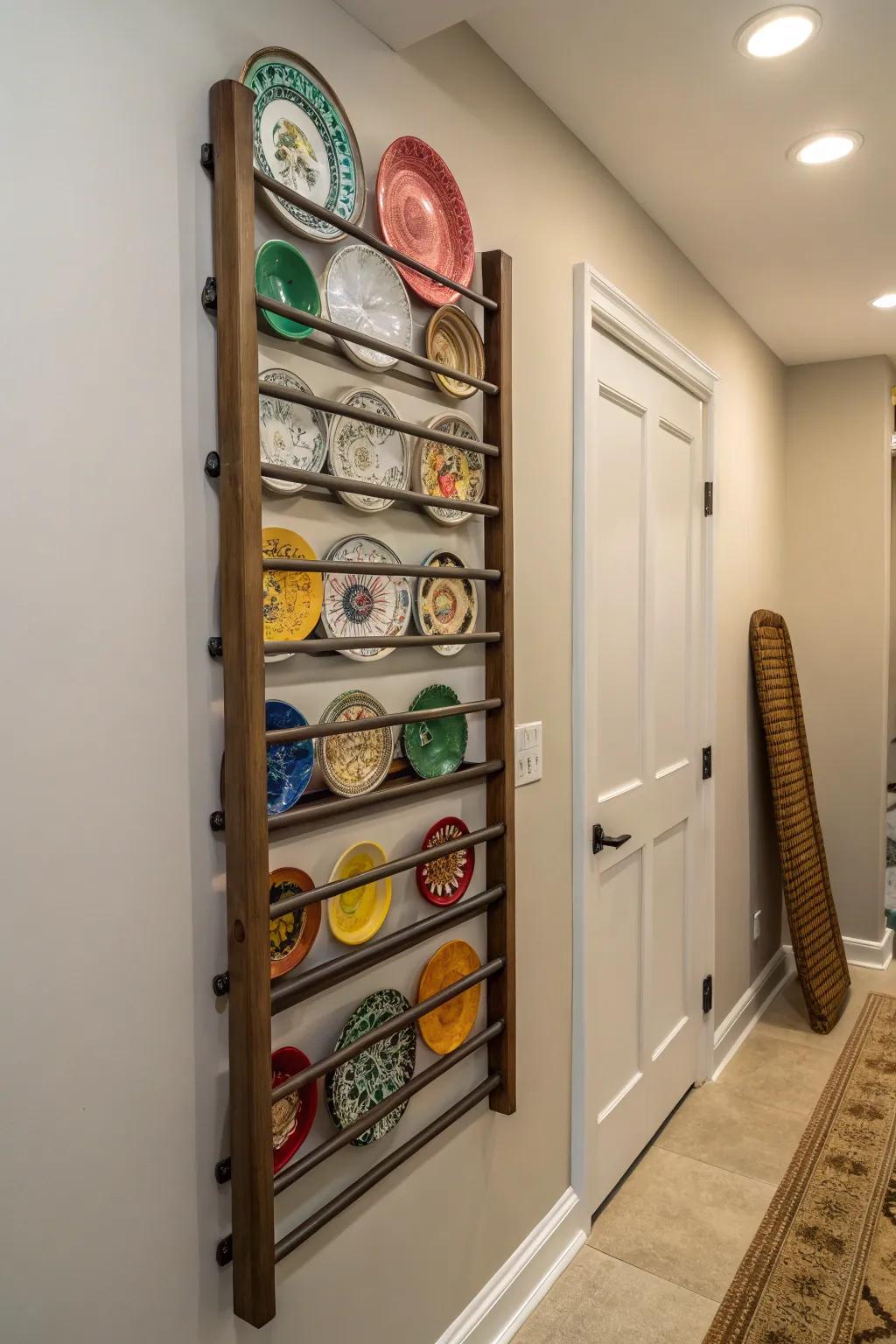 A vertical plate rack making use of narrow hallway space.