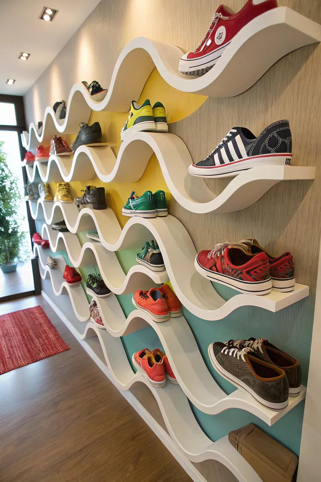 Wavy racks add a dynamic touch to shoe storage.