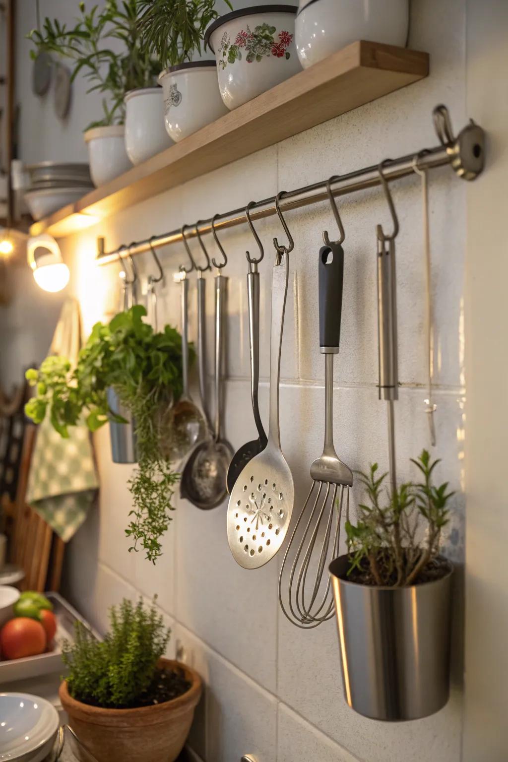 Wall rails with hooks offer versatile kitchen storage.