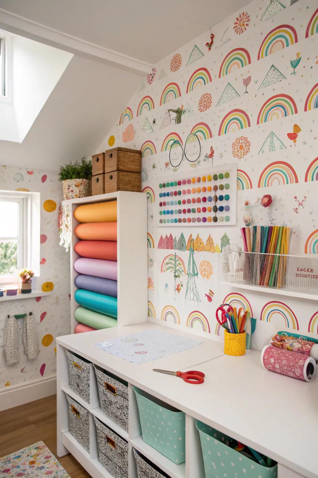 A playful craft room with whimsical wallpaper.