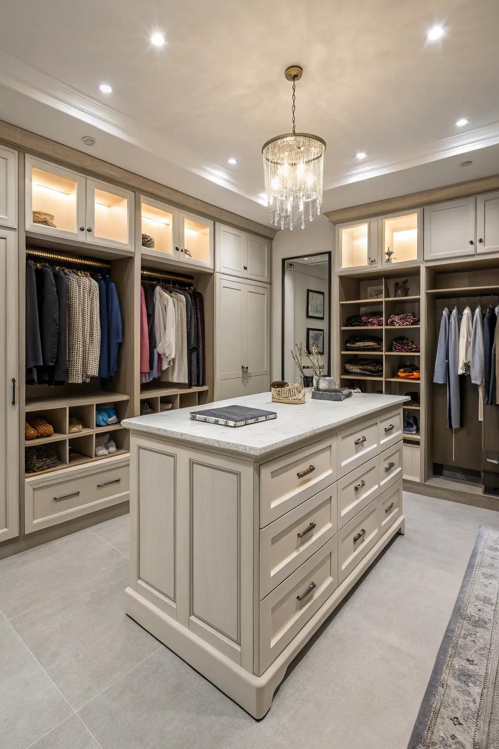 A central island adds functionality and storage to the wardrobe room.