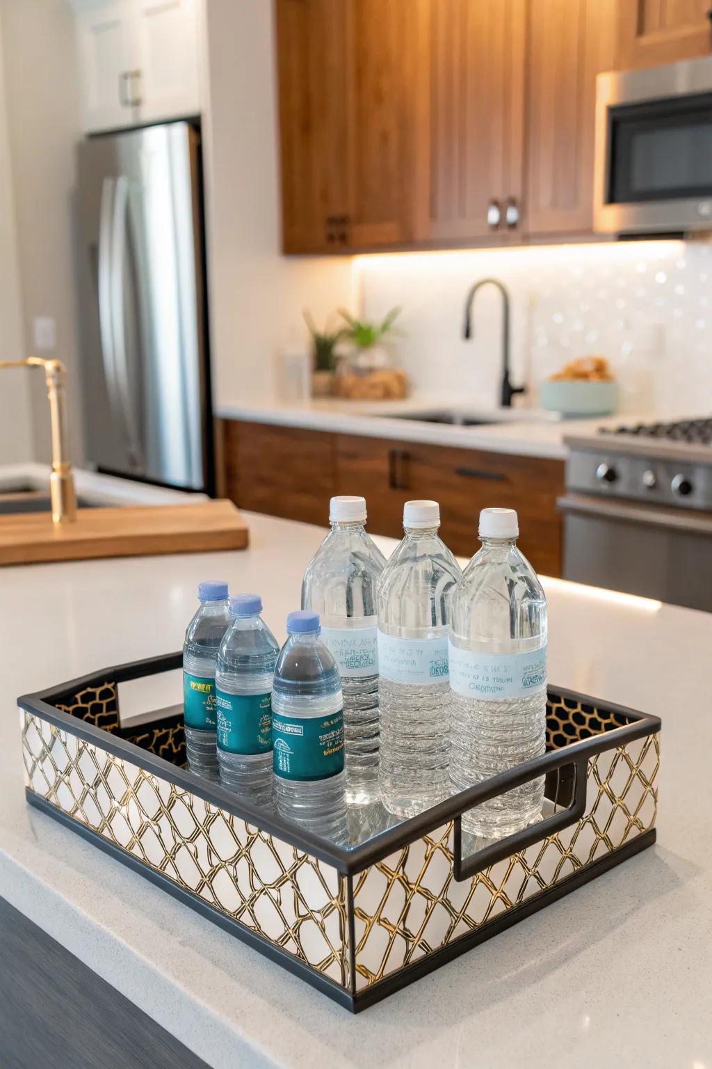 Stylish water bottle arrangement on a decorative tray