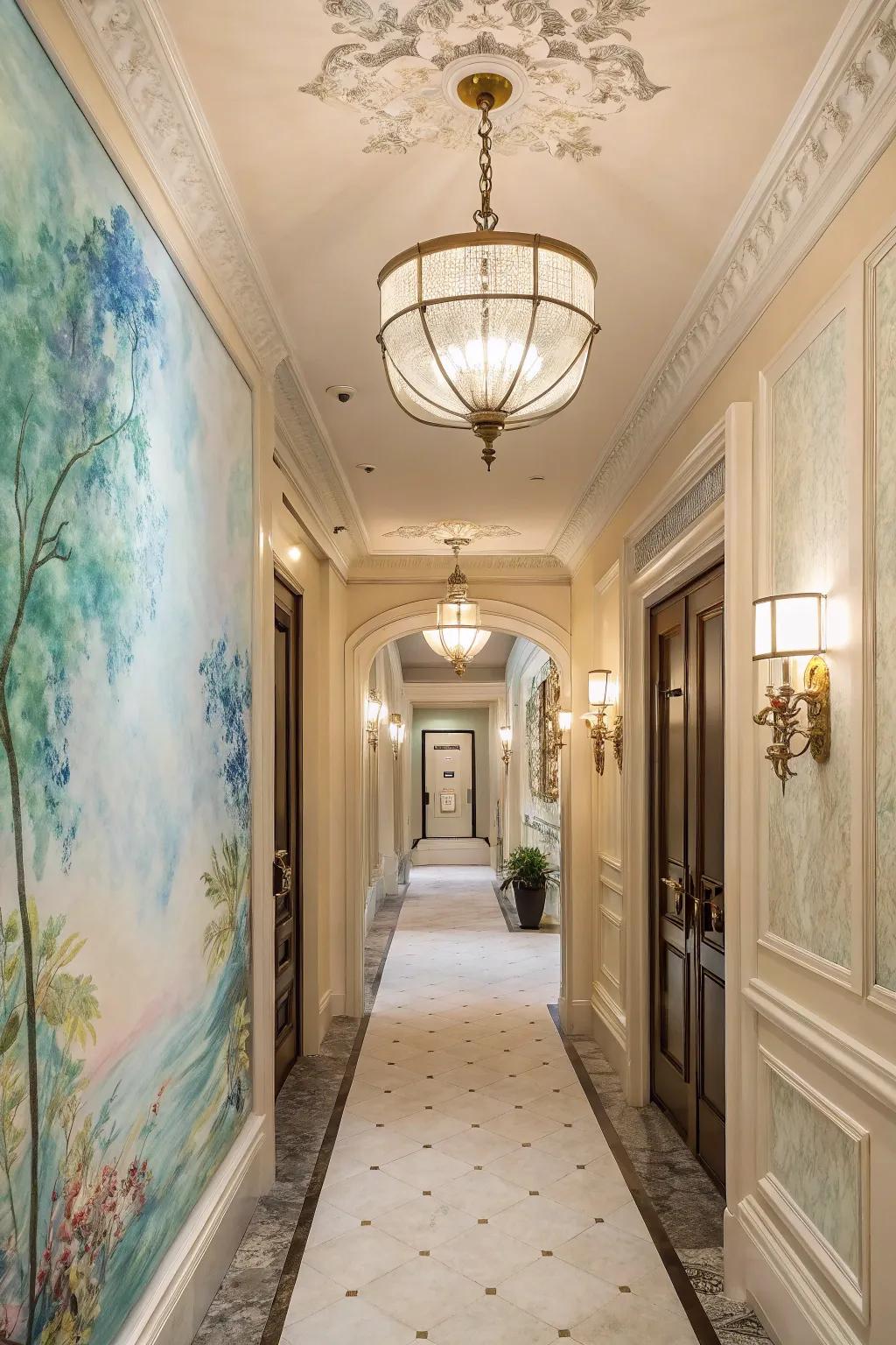 Harmonious blended watercolor background graces an elegant hallway.