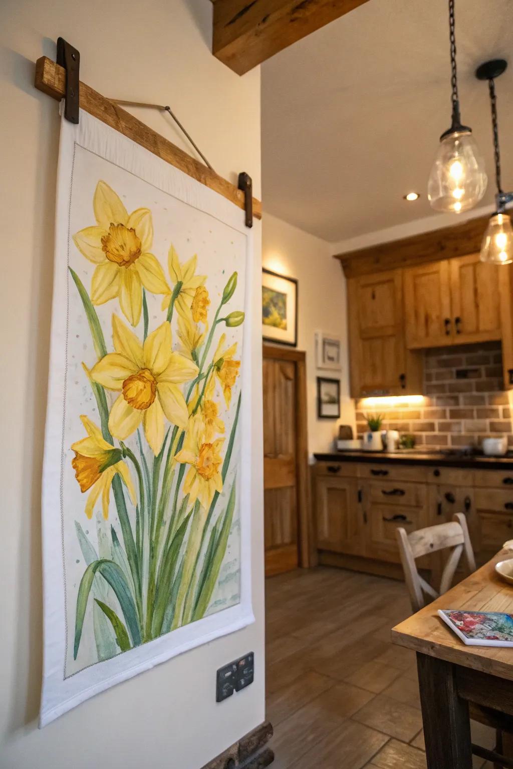 Brighten your space with this vibrant painting of daffodils.