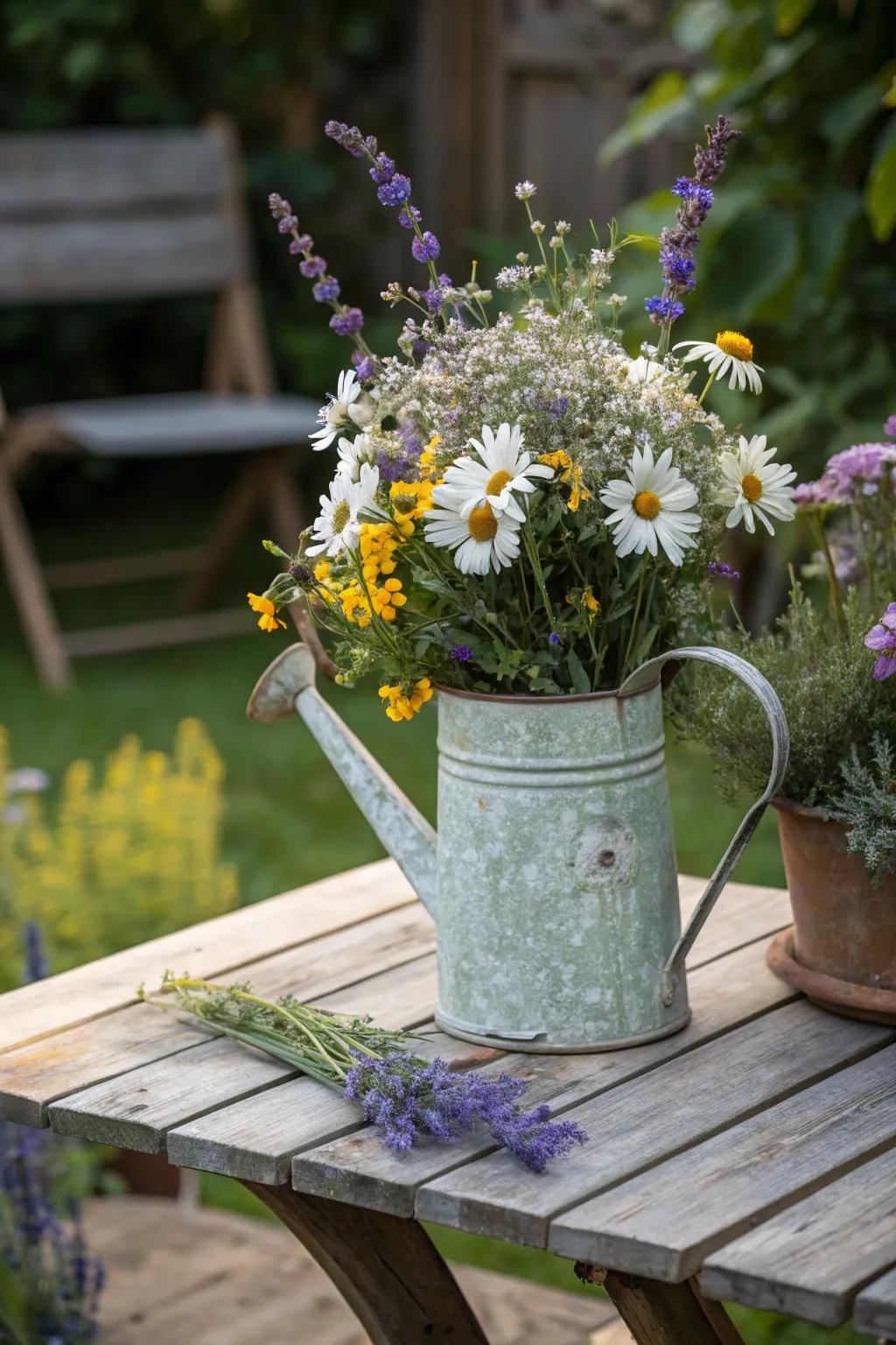 Shabby chic: wildflowers in a rustic watering can.