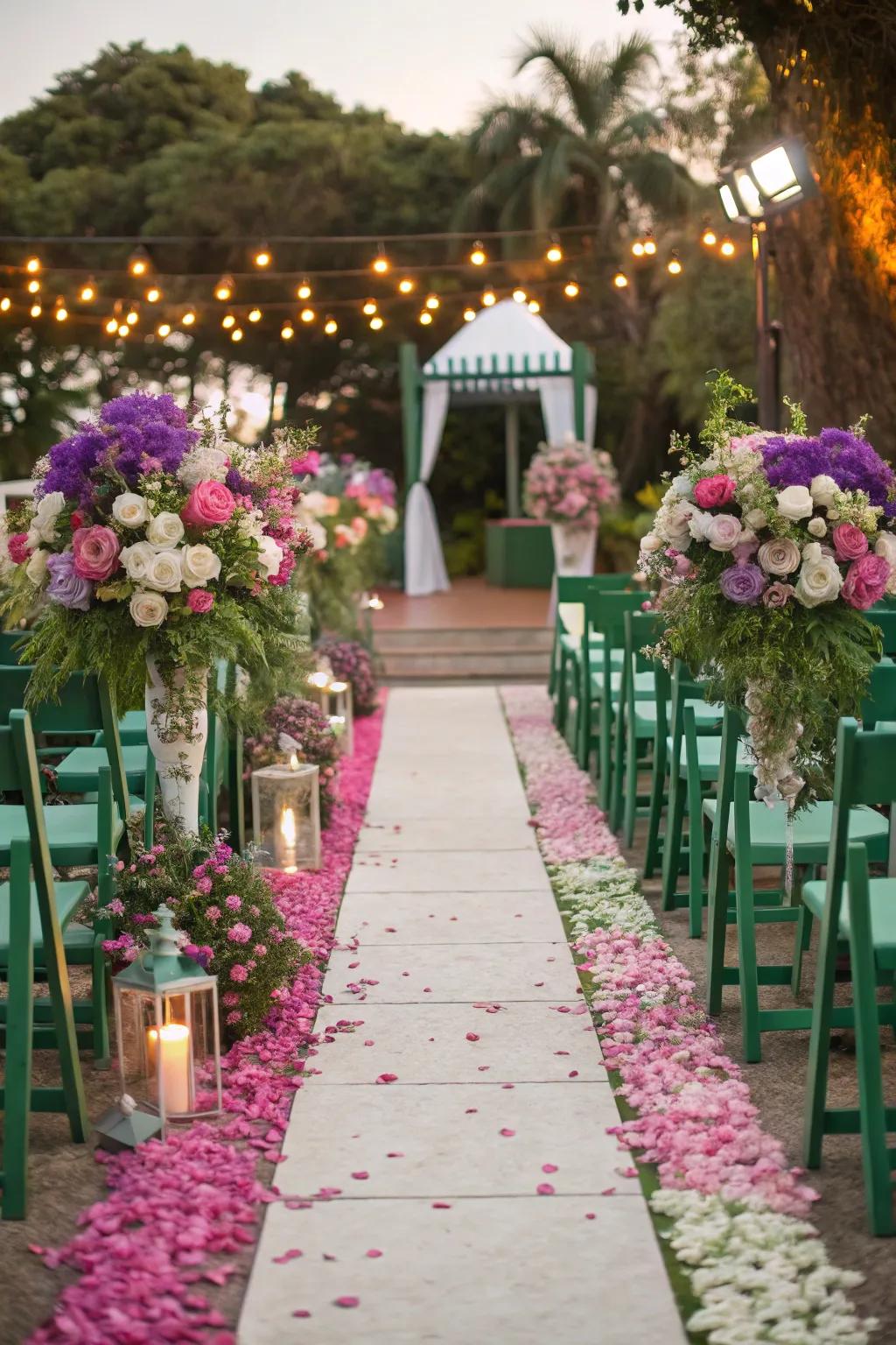 A vibrant wedding aisle with colorful flowers.