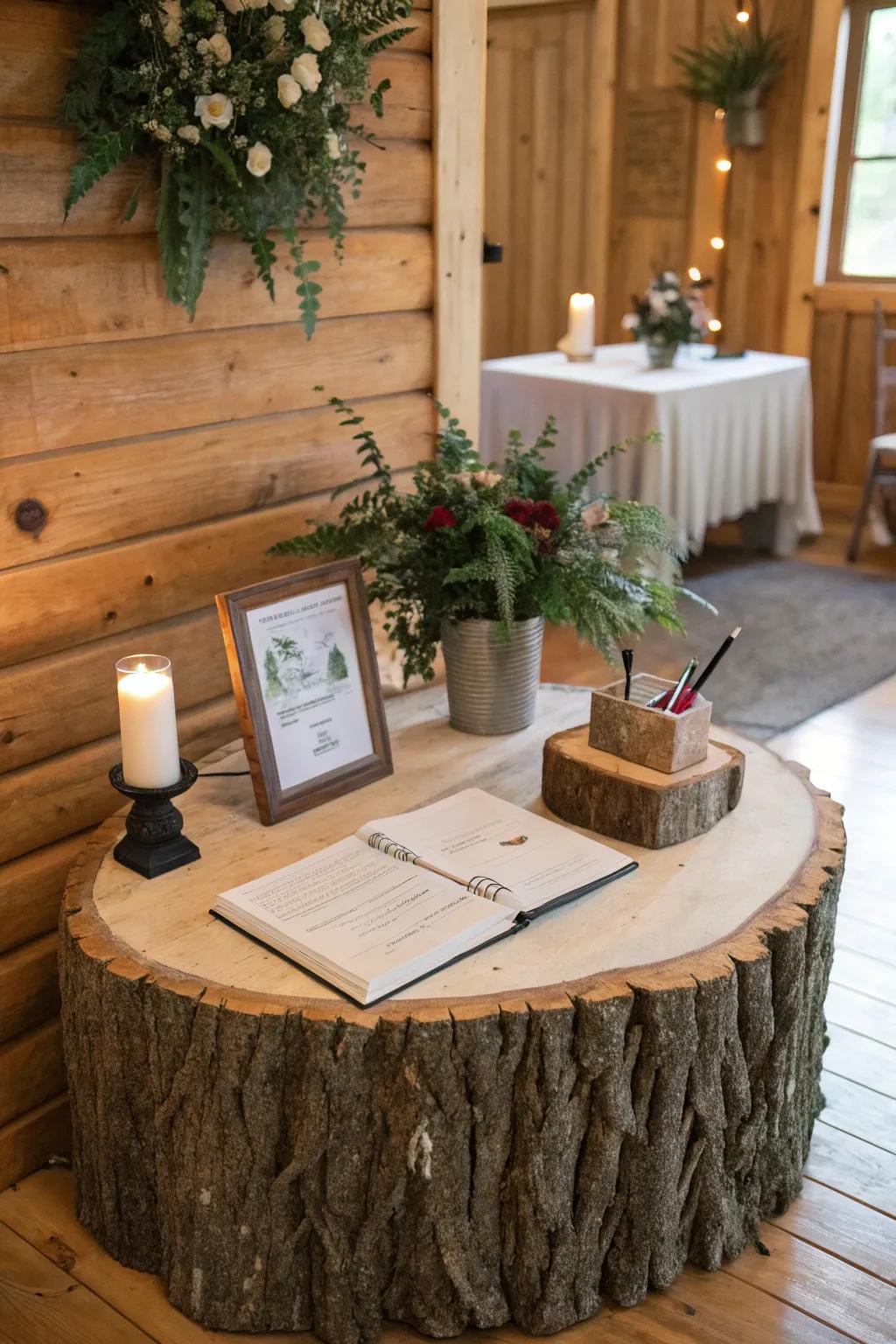 A tree stump guest book adds a touch of nature.