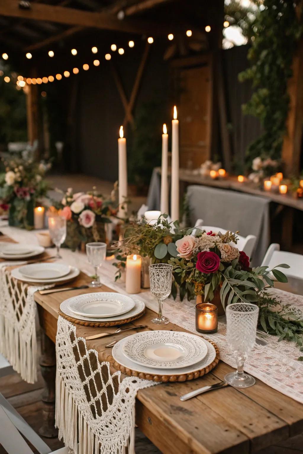 A boho chic wedding table setting bursting with creativity and style.