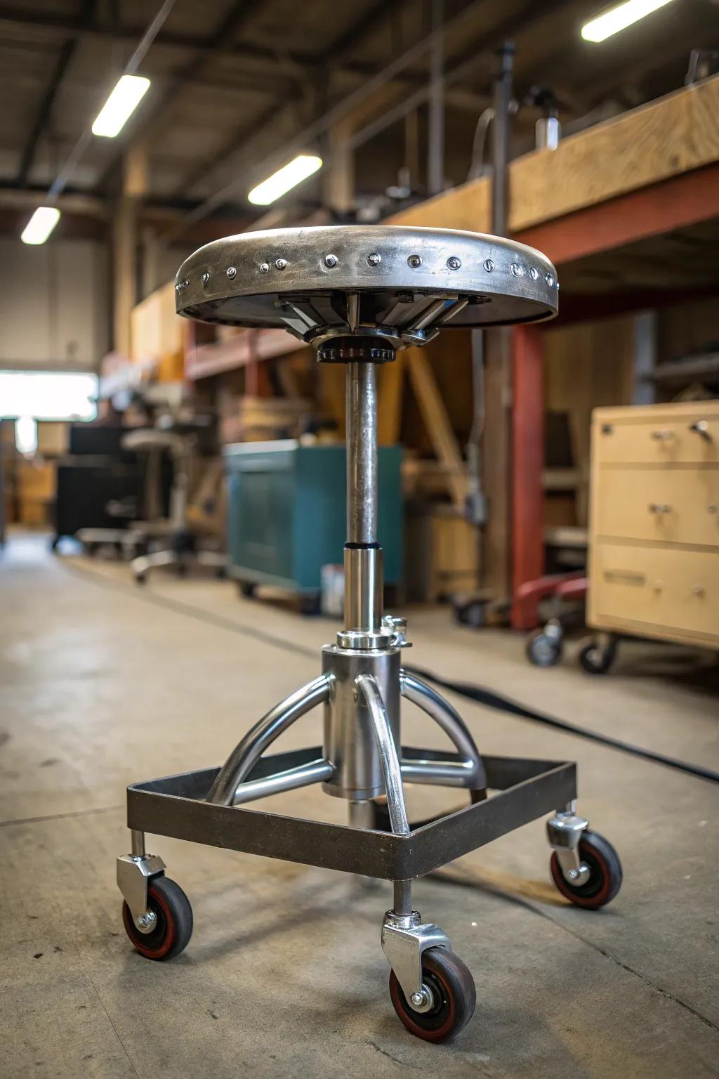 Experience the seamless blend of mobility and craftsmanship with this expertly welded rolling workshop stool.