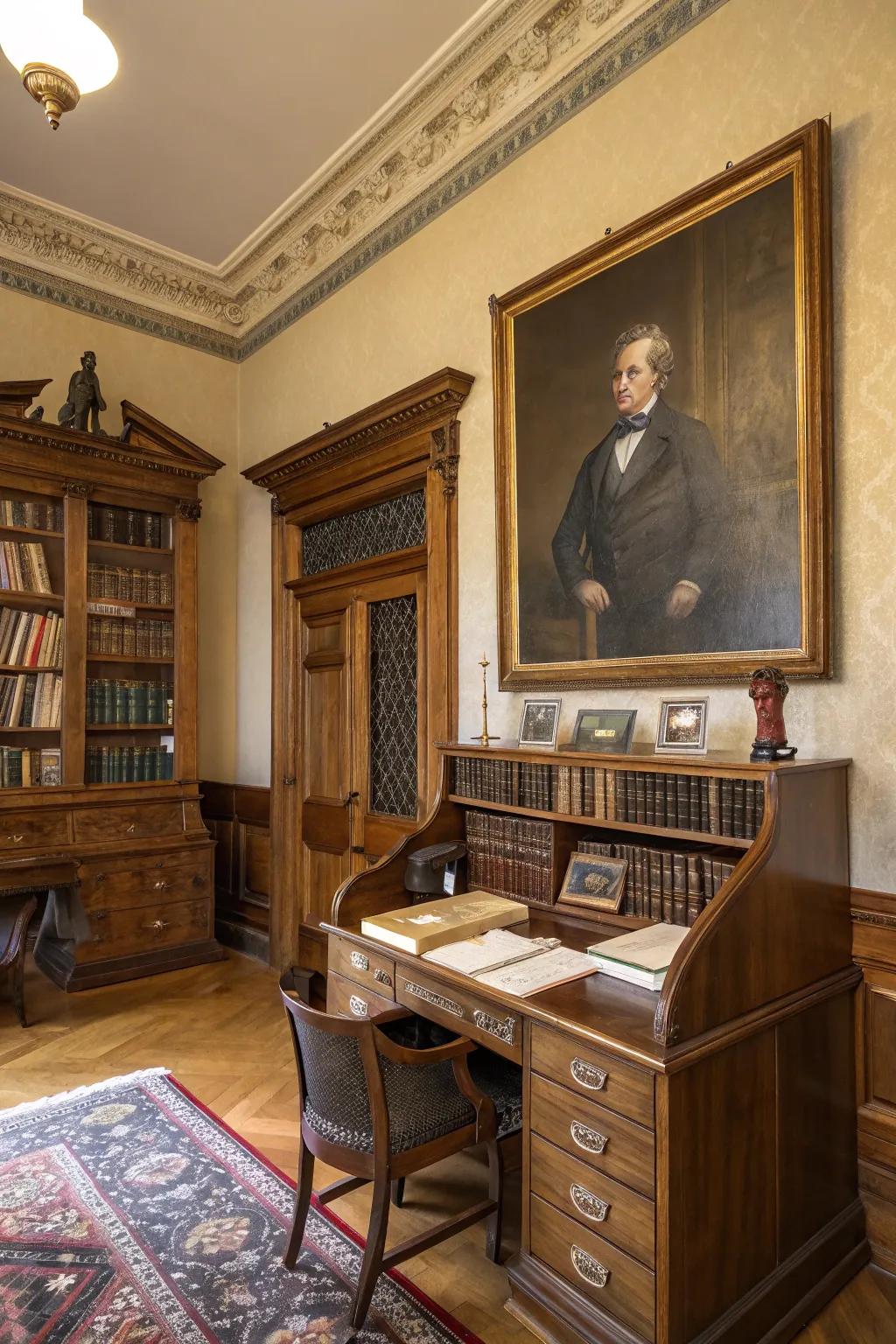 A portrait of a historic western figure adds character and intrigue to this study room.